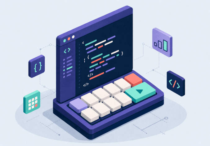 Website development — laptop with code and connected tools