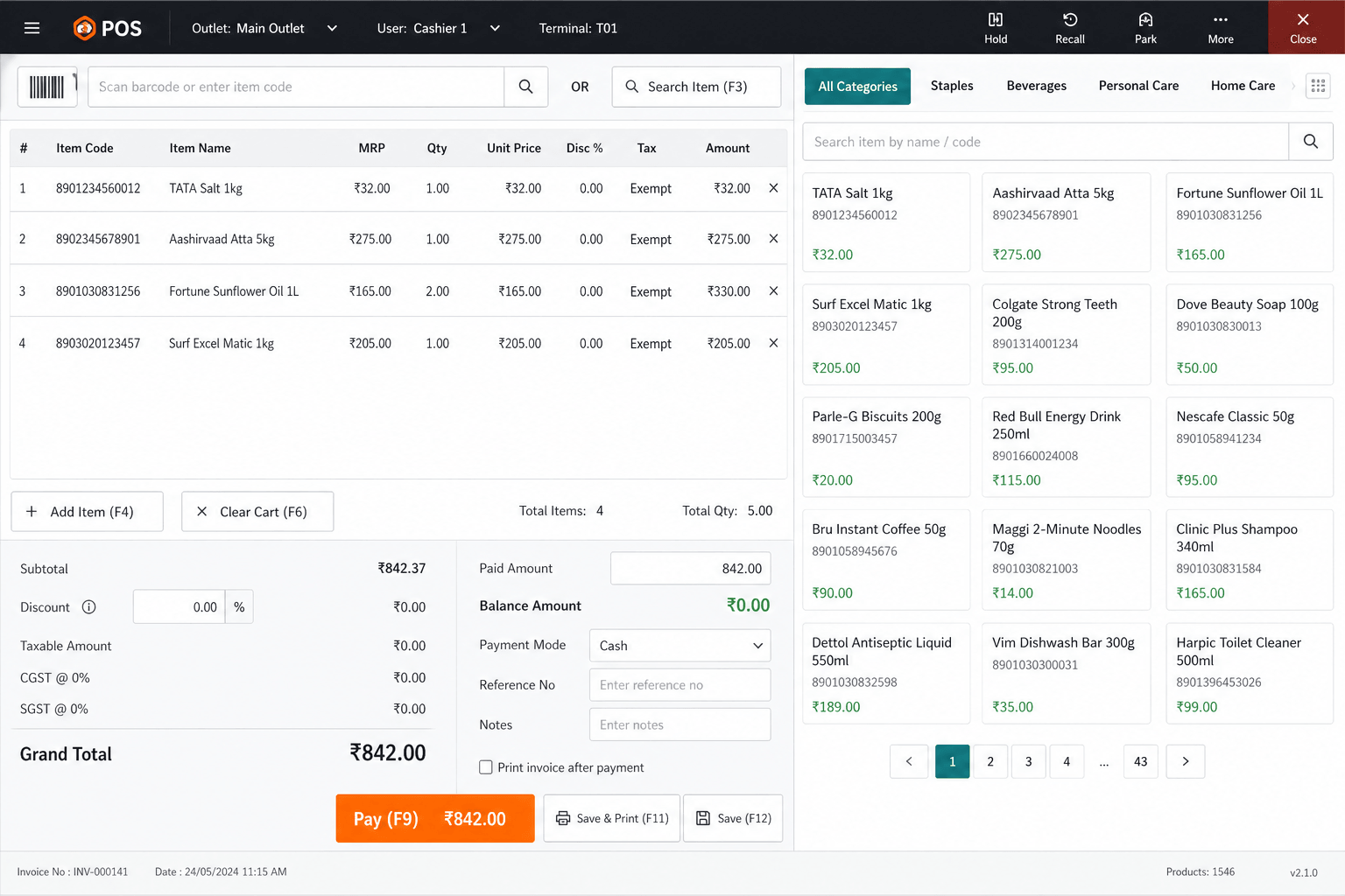 POS billing and checkout