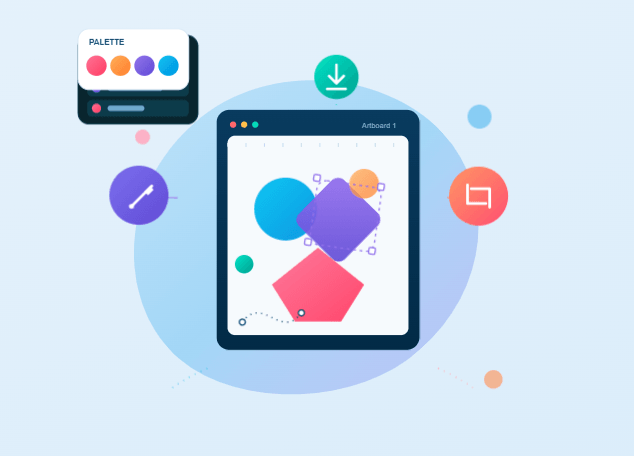 Graphic design artboard with palette, shapes and creative tools