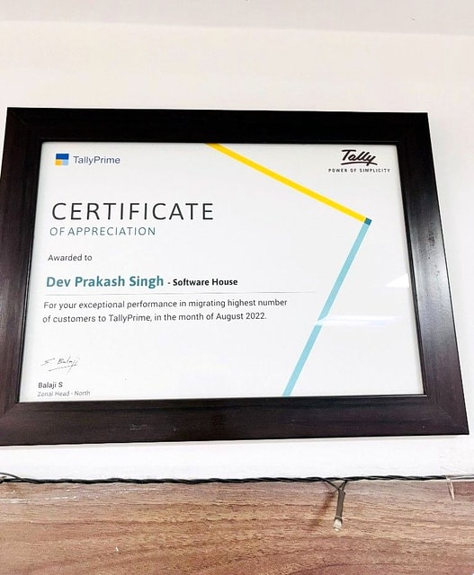 TallyPrime certificate of appreciation